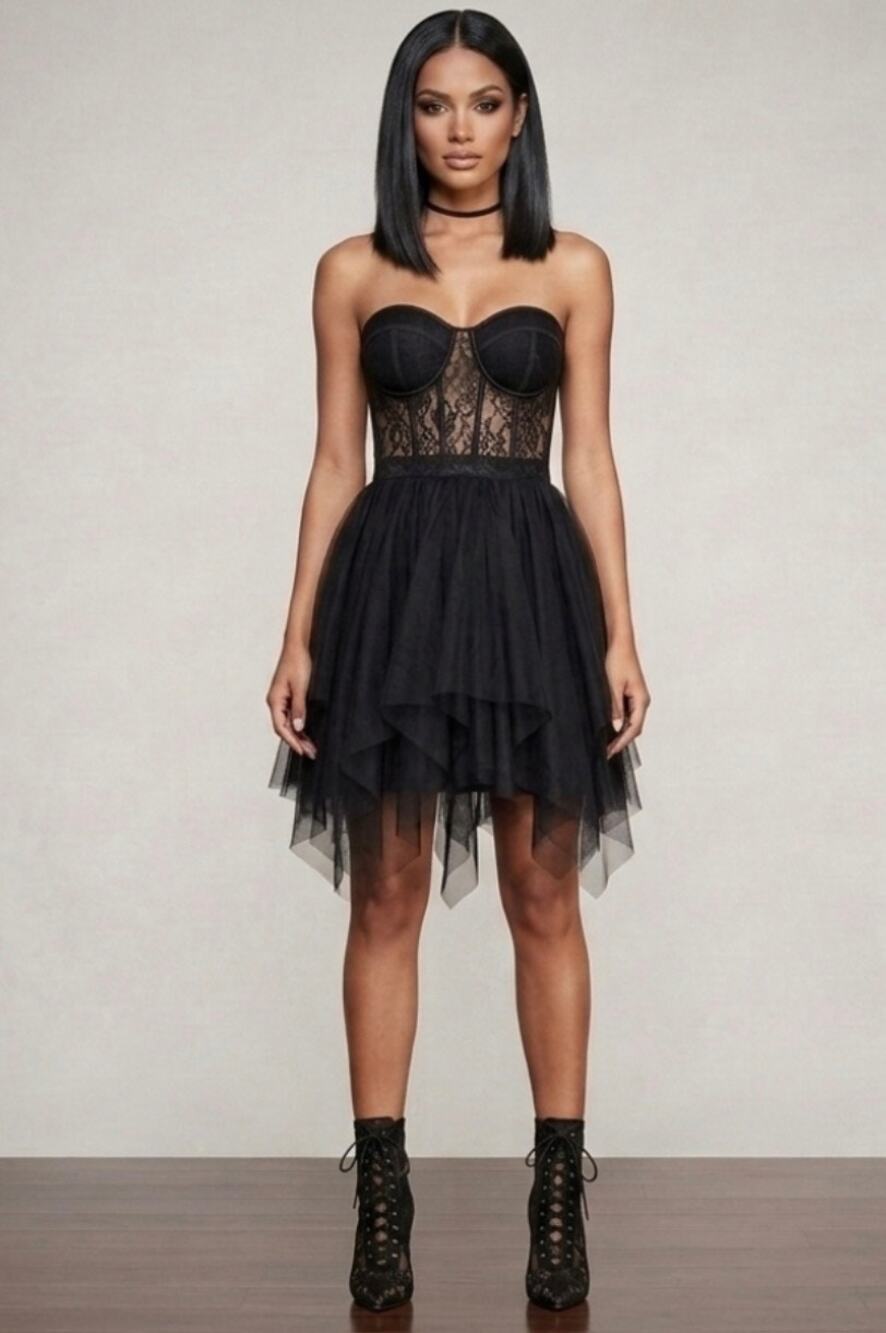 Black Strapless Corset Sheet Lace Bra Bustier Medium Goth Punk Tulle Mini Dress